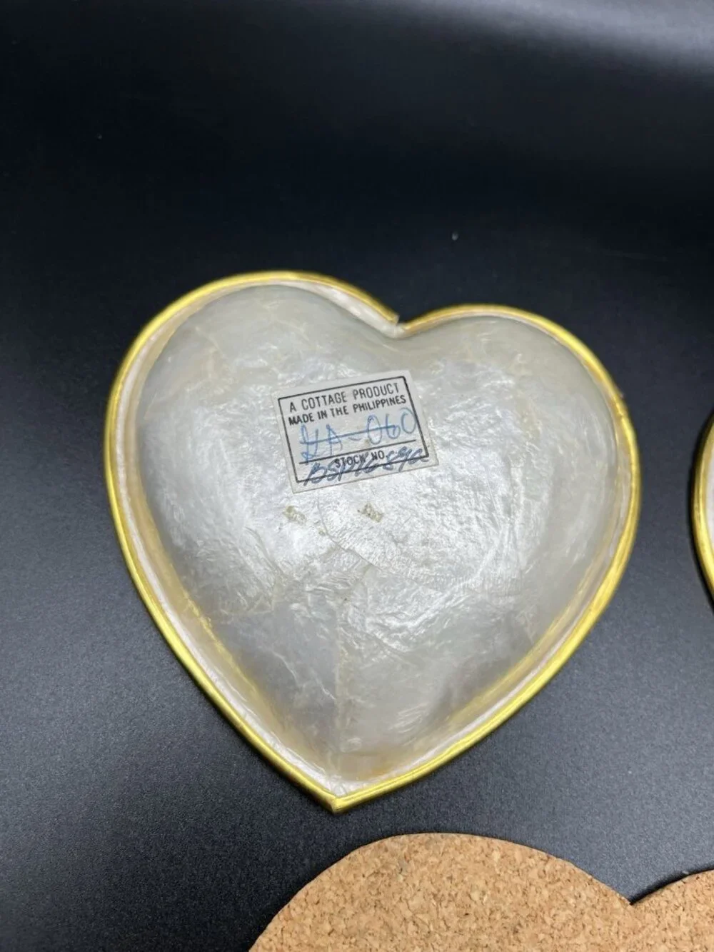 VTG Capiz Shell Heart Trinket Bowls & Plate Set Gold Trim Philippines Cottage
